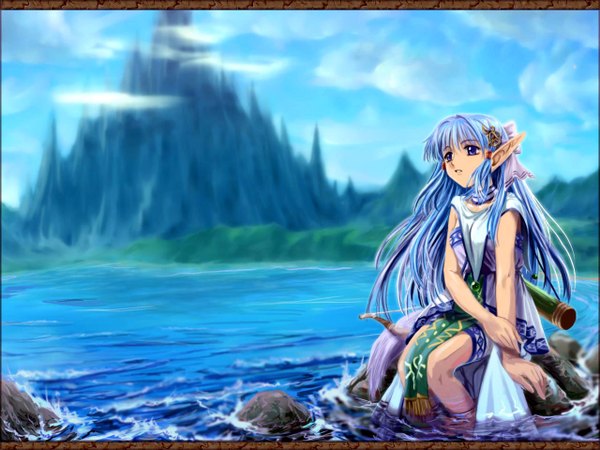 Anime picture 1280x960 with ys olha (ys) mutsuki (moonknives) single long hair fringe blue eyes sitting payot blue hair looking away sky cloud (clouds) tail animal tail pointy ears blurry wallpaper sleeveless mountain