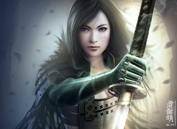 Anime picture 1024x748 with legend of the five rings hand of the jade dragon mario wibisono (raynkazuya) looking at viewer short hair black hair green eyes lips realistic light girl weapon petals sword armor katana