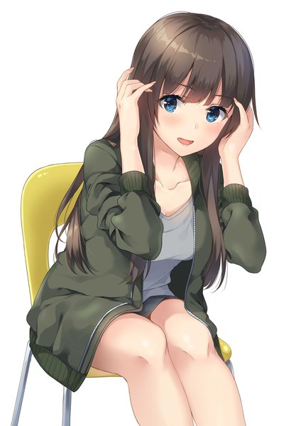 Anime picture 2893x4092 with original unasaka ryou single long hair tall image looking at viewer blush fringe highres open mouth blue eyes simple background smile brown hair white background sitting :d fingernails open jacket leaning