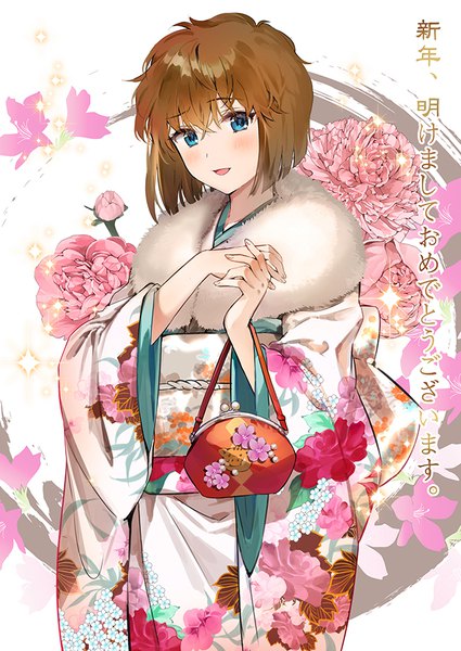 Anime picture 650x918 with detective conan ai haibara ice (ice aptx) single tall image looking at viewer blush fringe short hair open mouth blue eyes hair between eyes brown hair traditional clothes :d japanese clothes wide sleeves floral print hieroglyph new year