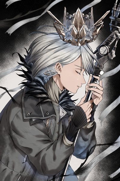 Anime picture 2894x4353 with nier nier reincarnation rion (nier) nazutaro single tall image highres short hair silver hair upper body eyes closed long sleeves profile tears sleeves past wrists boy earrings staff crown
