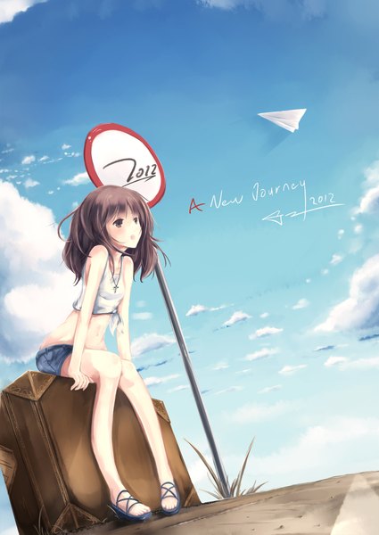 Anime picture 1476x2085 with original oyeung single long hair tall image blush open mouth brown hair sitting brown eyes sky cloud (clouds) girl traffic sign suitcase paper airplane