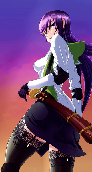 Anime picture 800x1488 with highschool of the dead madhouse busujima saeko hao-hime single long hair tall image purple eyes sky purple hair looking back from below coloring girl thighhighs gloves uniform weapon black thighhighs sword