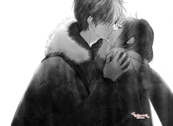 Anime picture 1800x1309 with kimi ni todoke production i.g kuronuma sawako kazehaya shouta long hair fringe highres short hair simple background white background eyes closed hair over one eye couple hug tears monochrome face to face kiss hair over eyes jacket