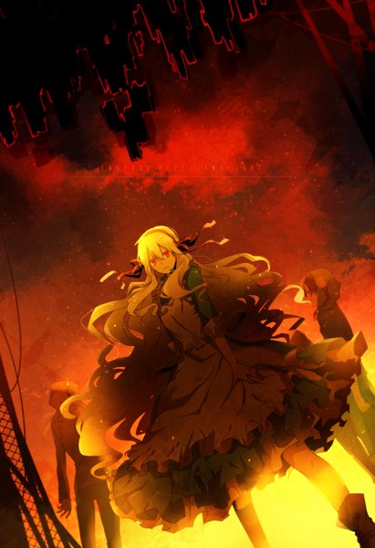Anime picture 1446x2108 with kagerou project shaft (studio) mary (kagerou project) kido tsubomi seto kousuke long hair tall image short hair blonde hair red eyes multiple girls glowing wavy hair glowing eye (eyes) girl dress boy 2 girls boots hood