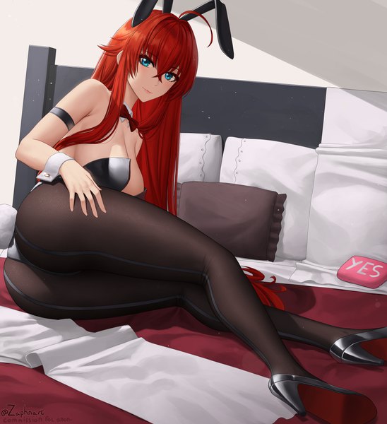 Anime picture 5000x5478 with highschool dxd rias gremory zaphn single long hair tall image looking at viewer blush fringe highres breasts blue eyes light erotic smile hair between eyes large breasts signed animal ears payot absurdres