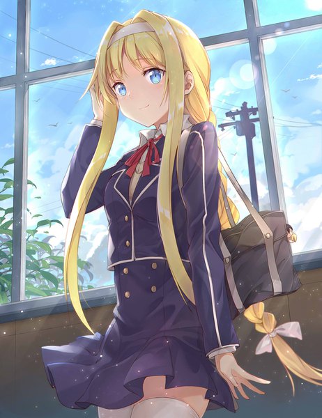 Anime picture 1200x1556 with sword art online sword art online: alicization a-1 pictures kirigaya kazuto alice zuberg eugeo (sao) taro (ultrataro) single long hair tall image looking at viewer fringe breasts blue eyes blonde hair standing payot sky cloud (clouds) indoors