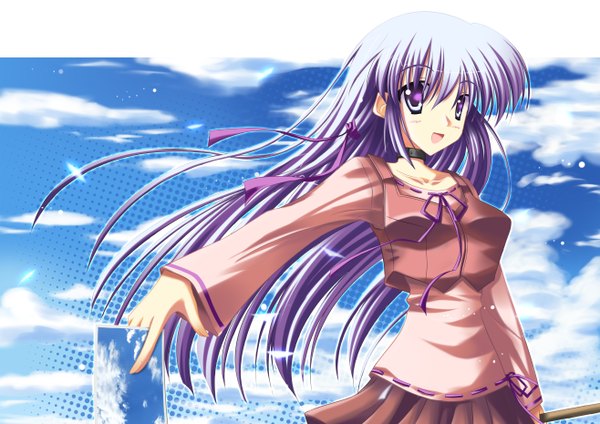 Anime picture 5262x3720 with sola shihou matsuri shirakawako single long hair fringe highres open mouth purple eyes absurdres sky purple hair cloud (clouds) outstretched arm girl ribbon (ribbons) choker photo (object)