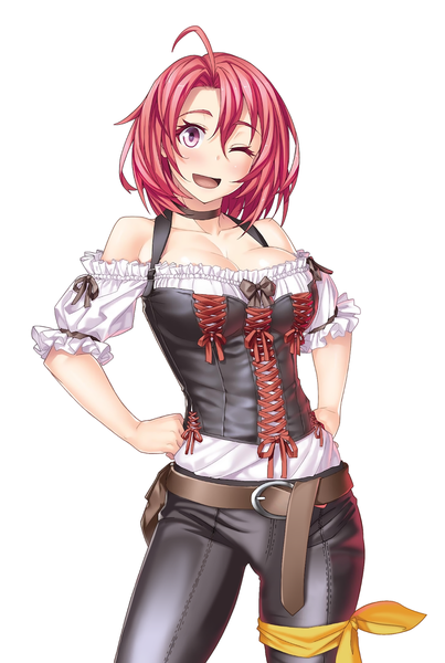 Anime picture 1075x1600 with goblin slayer! cow girl (goblin slayer!) kannatsuki noboru single tall image looking at viewer blush fringe short hair breasts open mouth simple background smile hair between eyes large breasts standing white background purple eyes bare shoulders cleavage