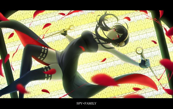 Anime picture 6417x4048 with spy x family yor briar akazaki yukino single long hair fringe highres black hair red eyes absurdres copyright name sleeveless letterboxed blood on face bloody weapon girl thighhighs dress weapon black thighhighs