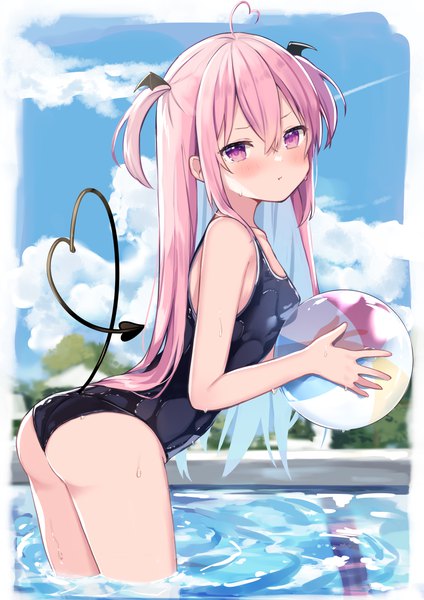 Anime picture 2894x4093 with original okiq single tall image fringe highres light erotic hair between eyes holding blue hair pink hair sky cloud (clouds) ahoge ass tail pink eyes multicolored hair two-tone hair leaning
