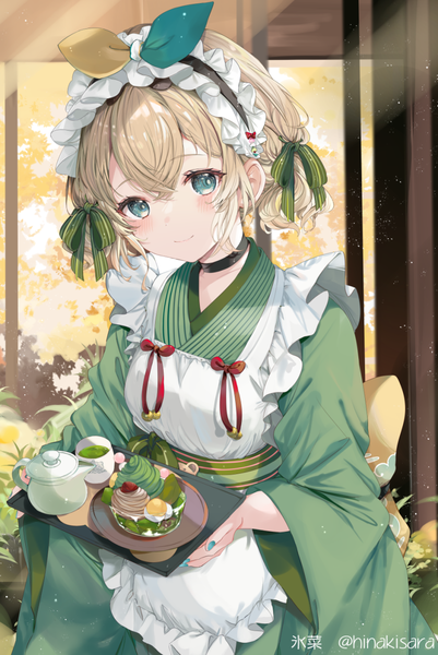 Anime picture 827x1237 with virtual youtuber hololive kazama iroha hinahino single tall image looking at viewer blush fringe short hair blonde hair hair between eyes signed traditional clothes japanese clothes aqua eyes light smile twitter username wa maid girl