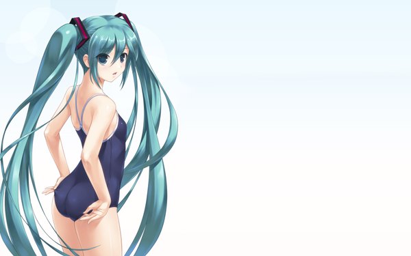 Anime picture 1920x1200 with vocaloid hatsune miku wacchi highres light erotic simple background wide image white background twintails very long hair aqua eyes aqua hair girl swimsuit