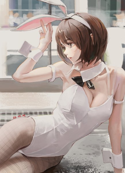 Anime picture 1677x2313 with saenai heroine no sodatekata a-1 pictures katou megumi hxxg single tall image short hair breasts light erotic brown hair bare shoulders animal ears looking away cleavage parted lips arm up black eyes bunny ears dated fake animal ears