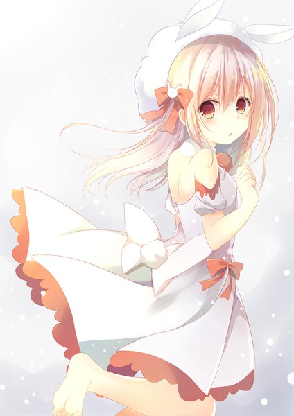 Anime picture 800x1131 with original shiiba nae single long hair tall image looking at viewer blush fringe open mouth hair between eyes red eyes bare shoulders animal ears silver hair bent knee (knees) barefoot wind :o bunny ears snowing