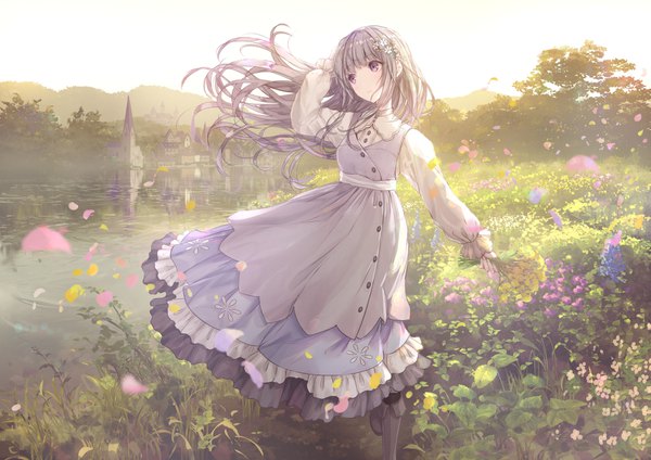 Anime picture 1842x1302 with original missle228 single long hair blush fringe highres purple eyes holding looking away full body outdoors blunt bangs long sleeves head tilt arm up wind grey hair evening reflection