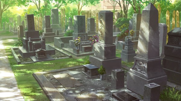 Anime-Bild 1280x720 mit original dao dao wide image sunlight no people flower (flowers) plant (plants) tree (trees) bouquet cemetery tombstone