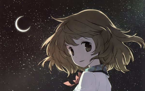 Anime picture 1920x1200 with original tiv single looking at viewer highres short hair smile brown hair wide image brown eyes night back crescent girl uniform bow school uniform moon star (stars)