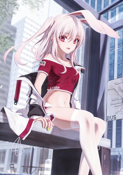 Anime picture 2894x4093 with tsumi no hahen (debris) lisen (bae.c) bae.c single long hair tall image looking at viewer fringe highres smile hair between eyes red eyes sitting animal ears silver hair outdoors nail polish off shoulder open jacket bare belly