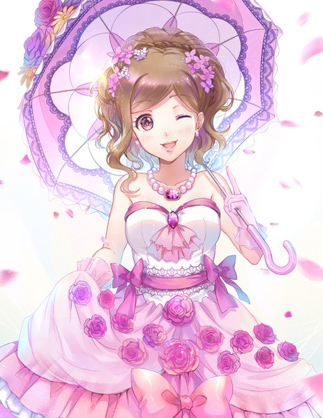 Anime picture 893x1157 with osomatsu-san todoko (osomatsu-san) ekita xuan single long hair tall image looking at viewer blush open mouth brown hair white background bare shoulders one eye closed pink eyes hair flower wink alternate hairstyle ;d girl dress