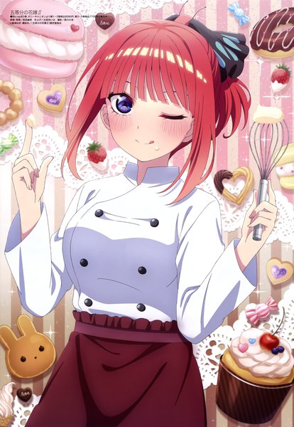 Anime picture 4091x5935 with go-toubun no hanayome megami magazine nakano nino maeda tsumugi single tall image looking at viewer blush fringe highres short hair purple eyes payot absurdres red hair one eye closed scan official art food on face chef