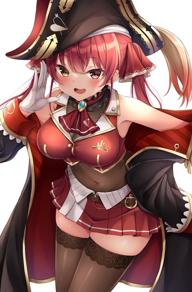 Anime picture 1254x1903 with virtual youtuber hololive houshou marine houshou marine (1st costume) nakaji (user snap3353) single long hair tall image blush fringe open mouth simple background hair between eyes white background twintails red hair :d pleated skirt leaning leaning forward