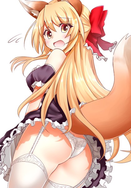 Anime picture 1000x1425 with original minato yoshihiro single long hair tall image looking at viewer blush fringe open mouth light erotic simple background blonde hair hair between eyes white background bare shoulders brown eyes animal ears payot ass tail