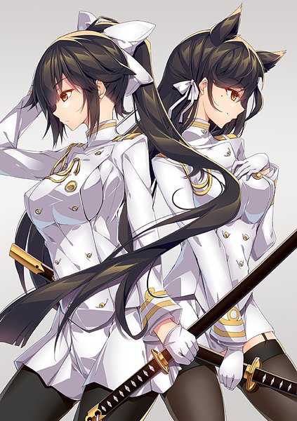 Anime picture 595x842 with azur lane atago (azur lane) takao (azur lane) sakurame long hair tall image black hair simple background multiple girls brown eyes animal ears ponytail profile grey background mole mole under eye hand on chest hand on head extra ears sheathed