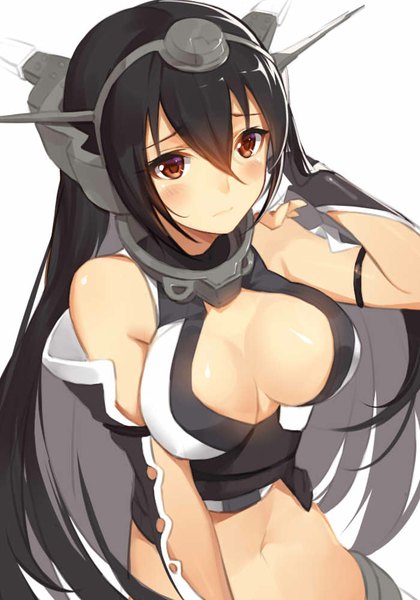 Anime picture 700x1000 with kantai collection nagato battleship suika01 single long hair tall image fringe breasts light erotic black hair simple background large breasts white background bare shoulders brown eyes looking away cleavage from above bare belly jpeg artifacts