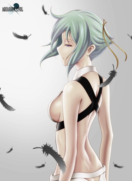 Anime picture 774x1055 with aquarion (series) aquarion evol satelight zessica wong tennen ahoke single tall image short hair breasts light erotic purple eyes profile green hair back girl feather (feathers)