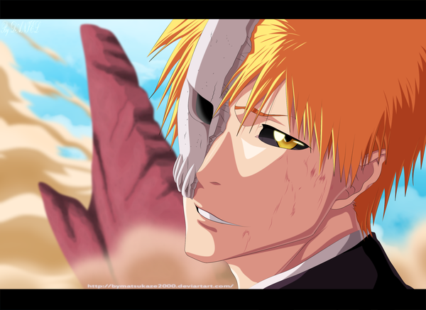 Anime picture 2500x1822 with bleach studio pierrot kurosaki ichigo the-danstyle-art single highres short hair smile yellow eyes sky cloud (clouds) looking back orange hair coloring close-up face dust boy mask