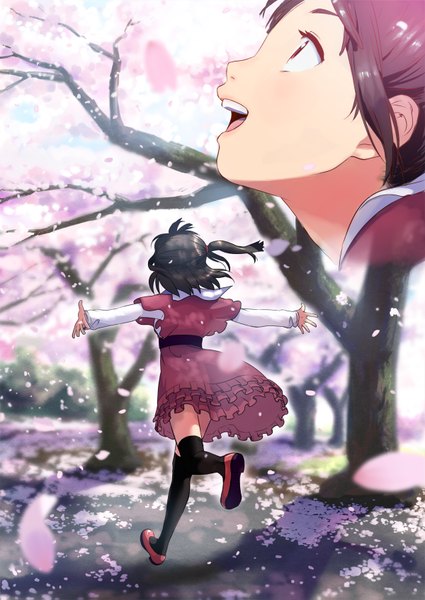 Anime picture 1200x1695 with original cojibou single tall image short hair open mouth black hair red eyes cherry blossoms running girl thighhighs dress black thighhighs plant (plants) petals tree (trees)