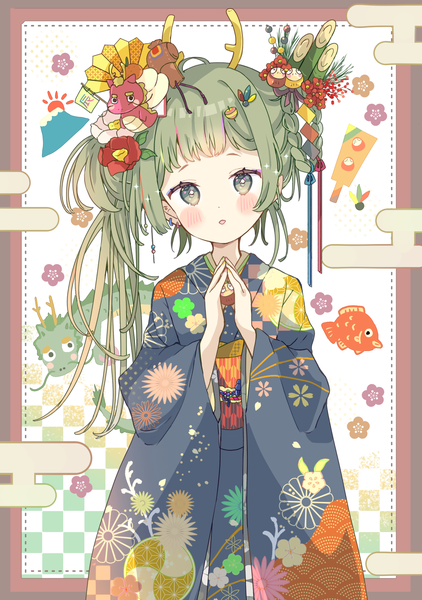 Anime picture 1969x2800 with original tsukiyo (skymint) single long hair tall image looking at viewer blush fringe highres open mouth standing green eyes braid (braids) traditional clothes japanese clothes hair flower horn (horns) green hair wide sleeves fantasy