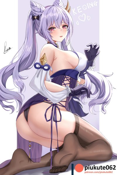 Anime picture 1000x1500 with genshin impact keqing (genshin impact) piukute062 single long hair tall image looking at viewer blush fringe breasts open mouth light erotic simple background hair between eyes large breasts purple eyes twintails signed payot purple hair