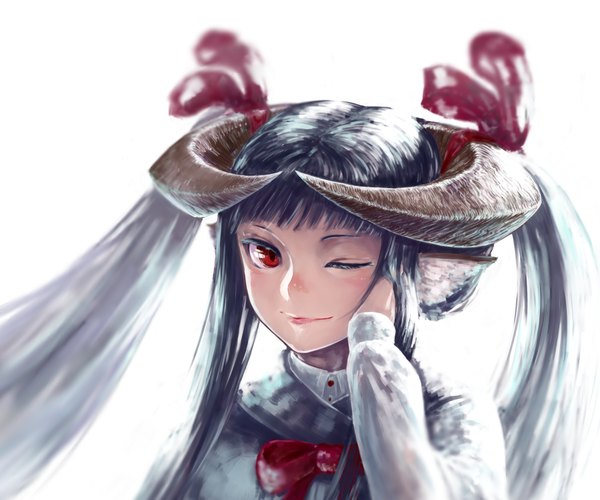 Anime picture 900x750 with original jaco single long hair looking at viewer blush fringe black hair simple background red eyes white background twintails eyes closed one eye closed horn (horns) light smile wind adjusting hair hand on cheek cat eyes