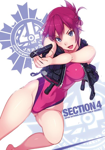 Anime picture 1344x1920 with rail wars! sakurai aoi vania600 single tall image blush short hair open mouth blue eyes light erotic looking away red hair girl weapon swimsuit gun one-piece swimsuit vest pistol