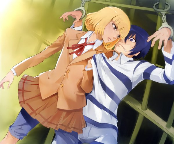 Anime picture 1000x825 with kangoku gakuen midorikawa hana fujino kiyoshi miyo (13th floor) fringe short hair blonde hair purple eyes brown eyes blue hair looking away open collar face to face eye contact prisoner girl boy skirt uniform school uniform