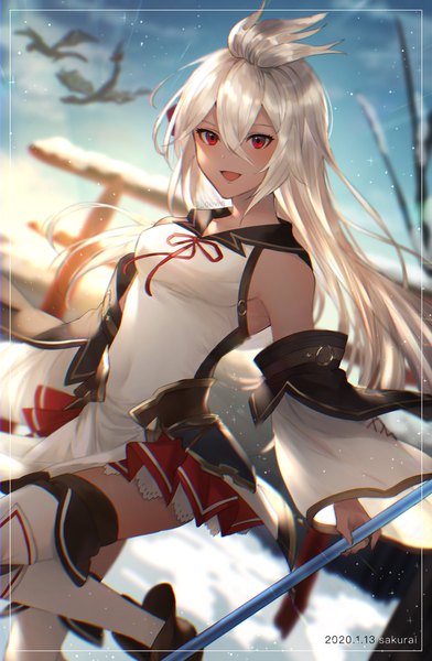 Anime picture 1536x2348 with granblue fantasy the order grande kiri ph single long hair tall image looking at viewer blush fringe breasts open mouth smile hair between eyes red eyes standing holding signed sky silver hair cloud (clouds)