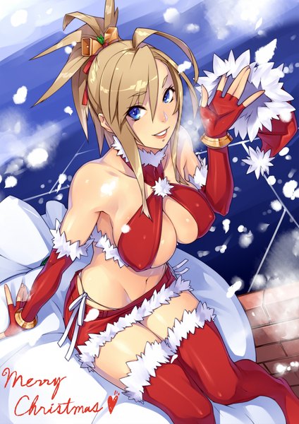Anime picture 1446x2046 with 23 (real xxiii) single tall image breasts blue eyes light erotic brown hair large breasts midriff christmas merry christmas girl gloves navel miniskirt elbow gloves fingerless gloves
