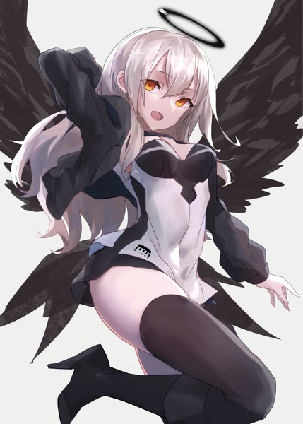 Anime picture 800x1119 with original cancell single long hair tall image looking at viewer fringe open mouth light erotic simple background hair between eyes cleavage silver hair bent knee (knees) grey background open clothes open jacket orange eyes high heels zettai ryouiki