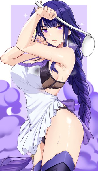Anime picture 1094x1896 with genshin impact raiden shogun noise paper single long hair tall image looking at viewer blush fringe breasts open mouth light erotic large breasts standing purple eyes holding purple hair blunt bangs nail polish fingernails