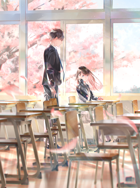 Anime picture 1193x1600 with original sousou (sousouworks) long hair tall image looking at viewer fringe short hair blue eyes black hair hair between eyes brown hair standing sitting full body indoors long sleeves profile wind sunlight blurry
