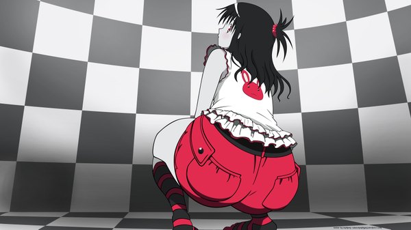 Anime picture 3500x1969 with toloveru xebec yuuki mikan single highres light erotic black hair red eyes wide image absurdres ass looking back from behind no shoes back squat checkered floor checkered checkered background girl