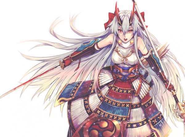 Anime-Bild 1280x950 mit fate (series) fate/grand order tomoe gozen (fate) applekun single long hair looking at viewer fringe breasts open mouth simple background hair between eyes red eyes white background bare shoulders holding payot silver hair very long hair traditional clothes