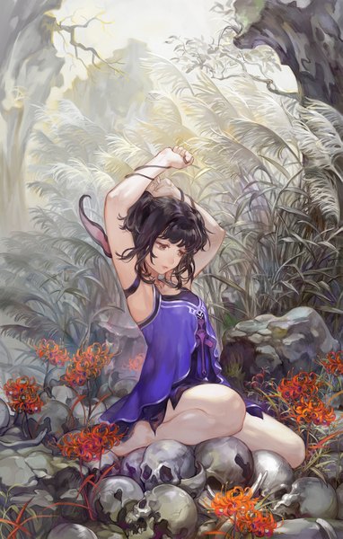 Anime picture 955x1500 with ching nu yu hun ching nu yu hun 2 noir (ibaraki) single tall image fringe short hair black hair smile sitting twintails bare shoulders brown eyes looking away bent knee (knees) barefoot lips arms up bare legs no shoes
