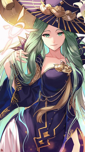 Anime picture 1080x1920 with fire emblem fire emblem: three houses fire emblem heroes nintendo rhea (fire emblem) nakabayashi zun single long hair tall image looking at viewer standing green eyes green hair sparkle official alternate costume halloween girl dress hat witch hat