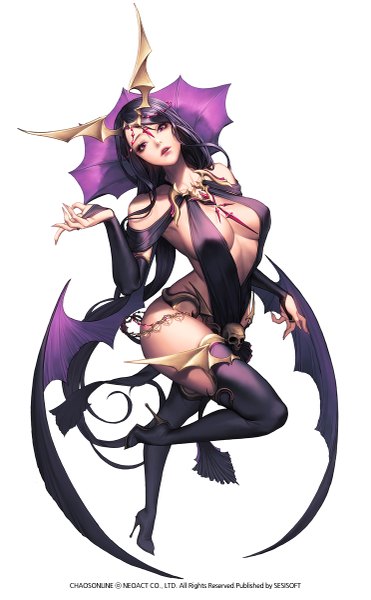 Anime picture 743x1200 with chaos online love cacao single long hair tall image looking at viewer breasts light erotic black hair simple background white background purple eyes bare shoulders girl thighhighs dress hair ornament black thighhighs detached sleeves wings