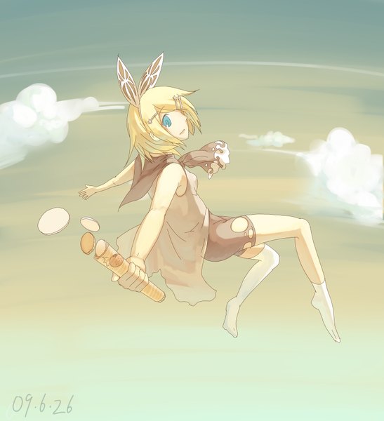 Anime picture 1472x1616 with vocaloid kagamine rin greenheart single tall image fringe short hair open mouth blue eyes blonde hair sky cloud (clouds) hair over one eye spread arms flying girl hair ornament bow hair bow socks