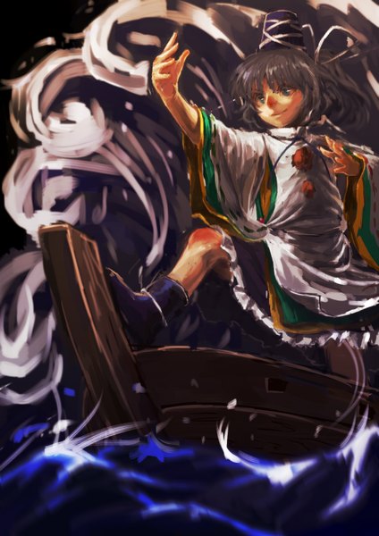 Anime picture 1191x1684 with touhou mononobe no futo benitama single long hair tall image blue eyes smile japanese clothes wind grey hair girl hat water watercraft wave (waves) boat