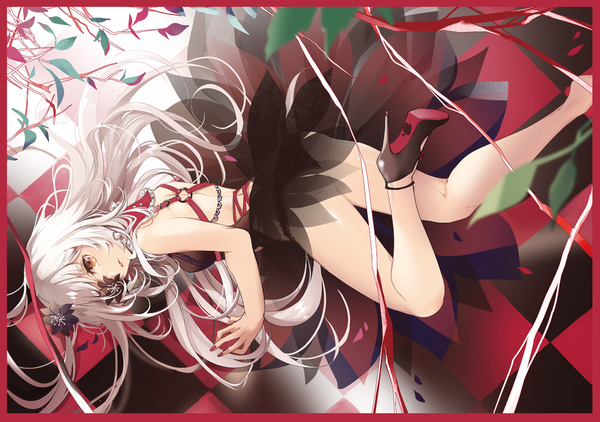 Anime picture 1107x780 with original sakuragi kei single long hair light erotic brown eyes bent knee (knees) white hair hair flower high heels floating hair border checkered checkered background covering eye (eyes) flower over eye girl dress underwear panties